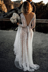 Bling Lace A-line Deep V-neck See Through Long Sleeves Wedding Dresses